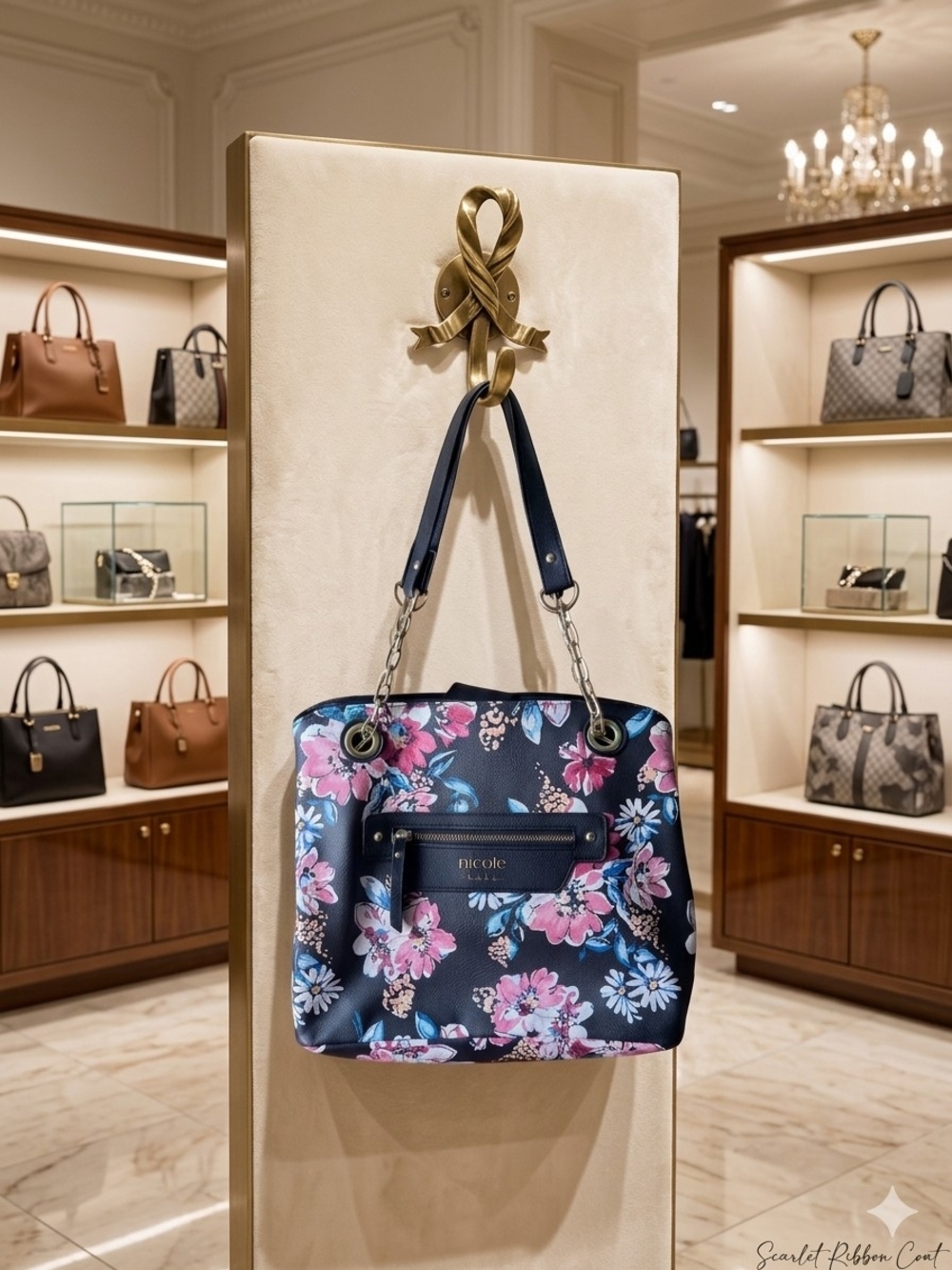Nicole Miller Floral Shoulder Bag Tote with Gold Chain Hardware